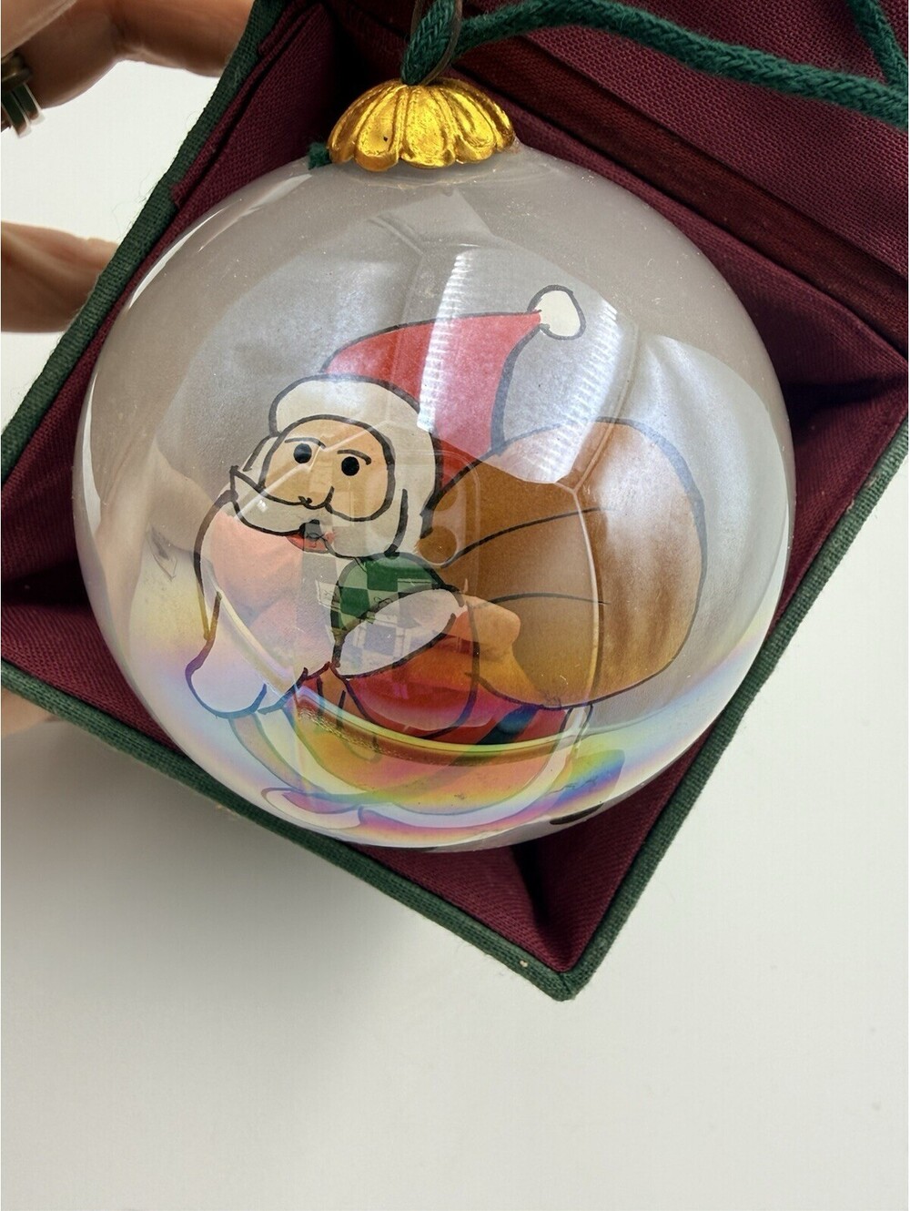VTG Iridescent Opalescent Reverse Painted Santa Ornament. Hand Made Art Glass 3”